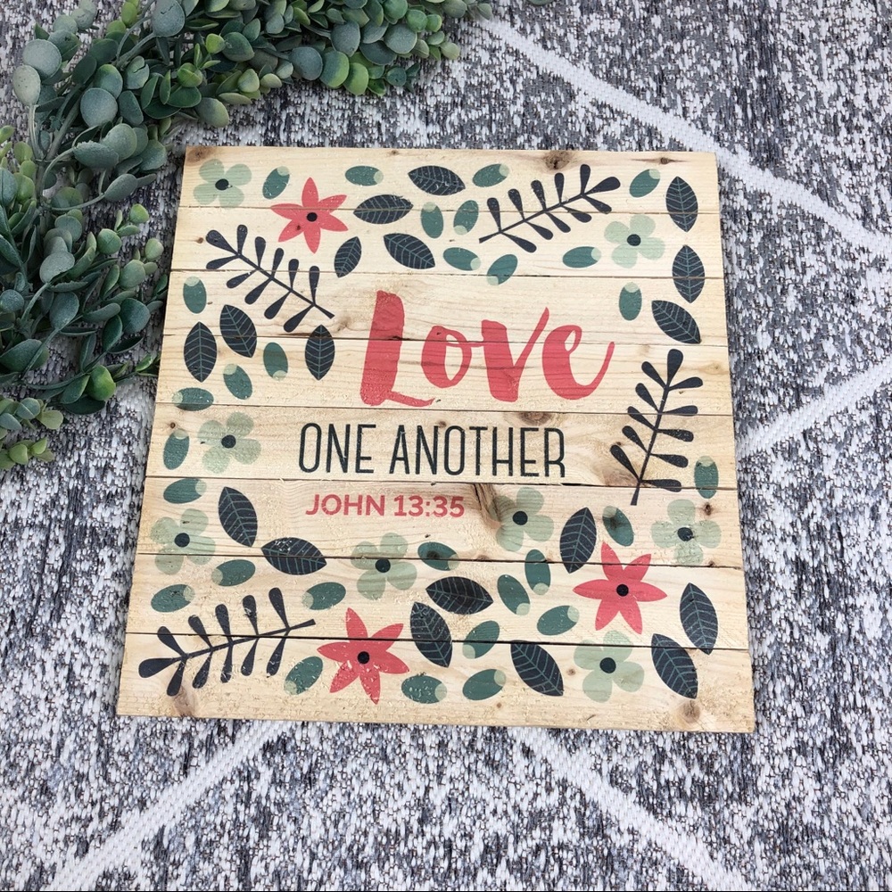 Love One Another, Bible Verse Wood and Floral Sign